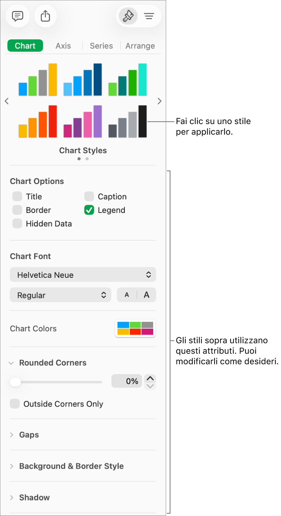 Barra laterale Formattazione con i controlli per formattare i grafici.