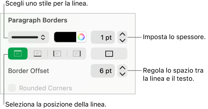 Controlli per modificare lo stile, lo spessore, la posizione e il colore della linea.