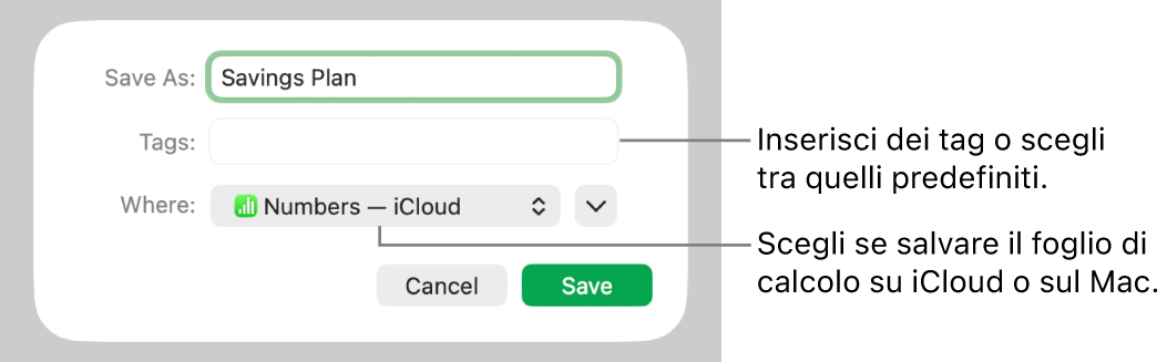 Finestra di dialogo “Salva col nome”.