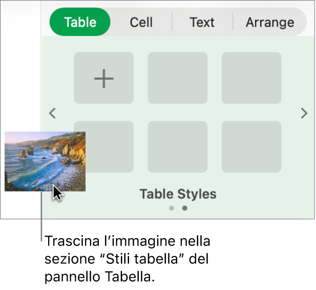 Trascinamento di un’immagine negli stili di tabella per creare un nuovo stile.