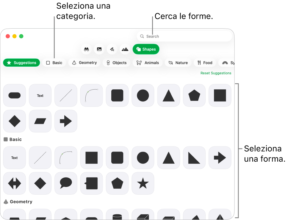 La libreria forme, con le categorie elencate a sinistra e le forme visualizzate a destra. Puoi usare il campo di ricerca nella parte superiore per trovare forme e scorrere per visualizzarne di più.