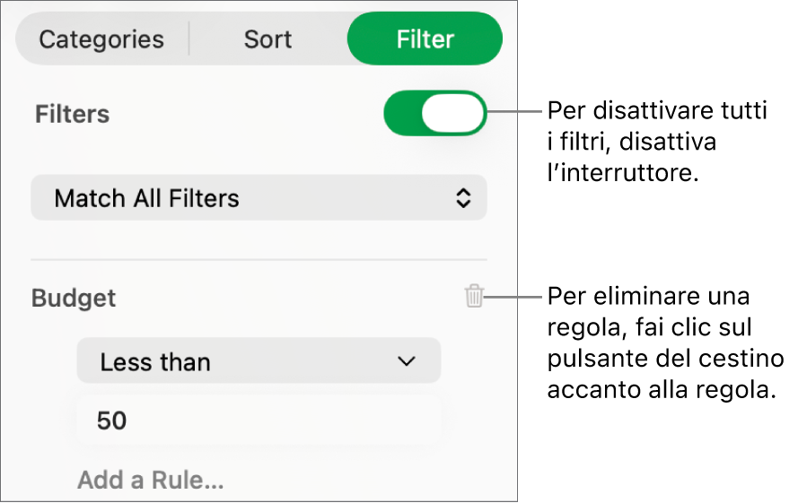 Controlli per l’eliminazione di un filtro o la disattivazione di tutti i filtri.