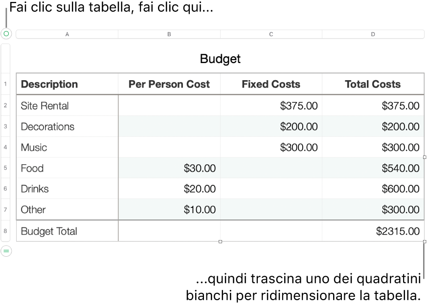 Tabella selezionata con quadratini bianchi per il ridimensionamento.
