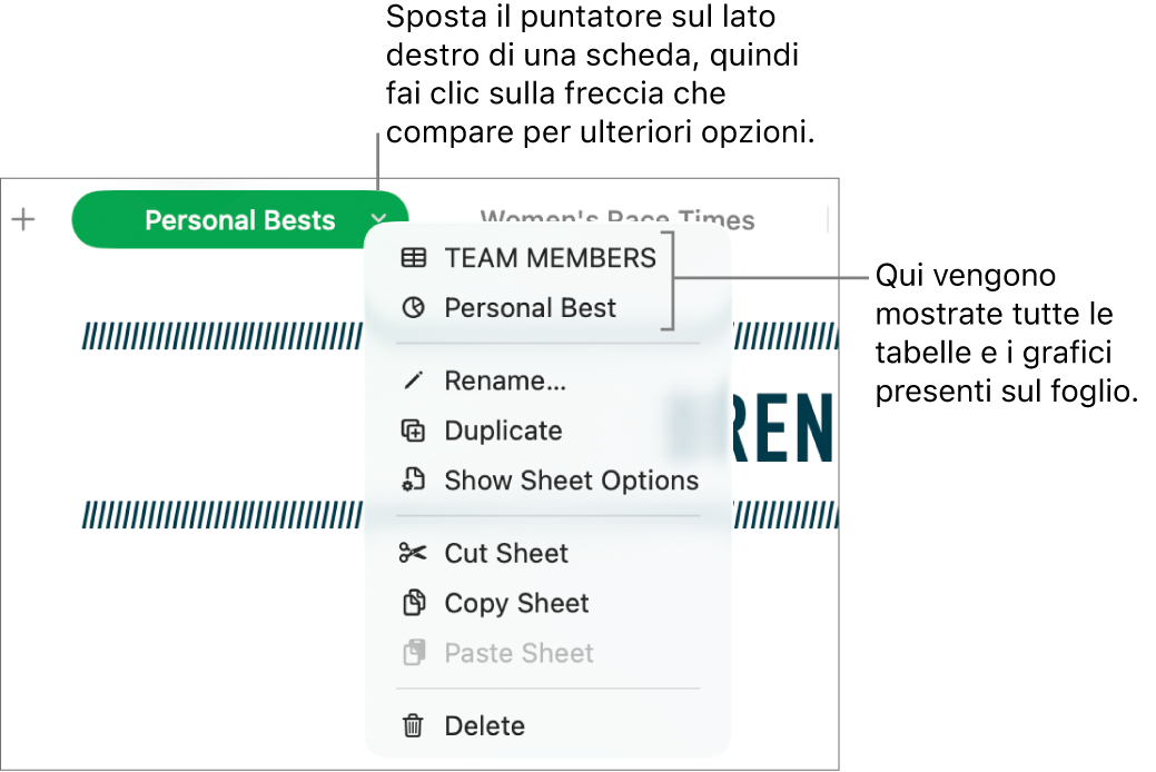 Pannello del foglio di calcolo con il menu di scelta rapida aperto e le opzioni, incluso il comando Duplica.