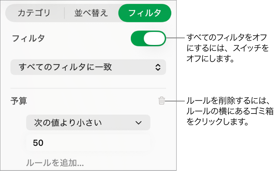 フィルタを削除するか、すべてのフィルタをオフにするためのコントロール。