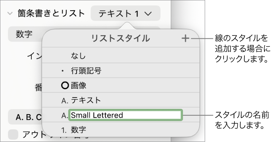 「リストスタイル」ポップアップメニュー。右上隅に「追加」ボタンがあり、プレースホルダスタイル名はテキストが選択された状態。