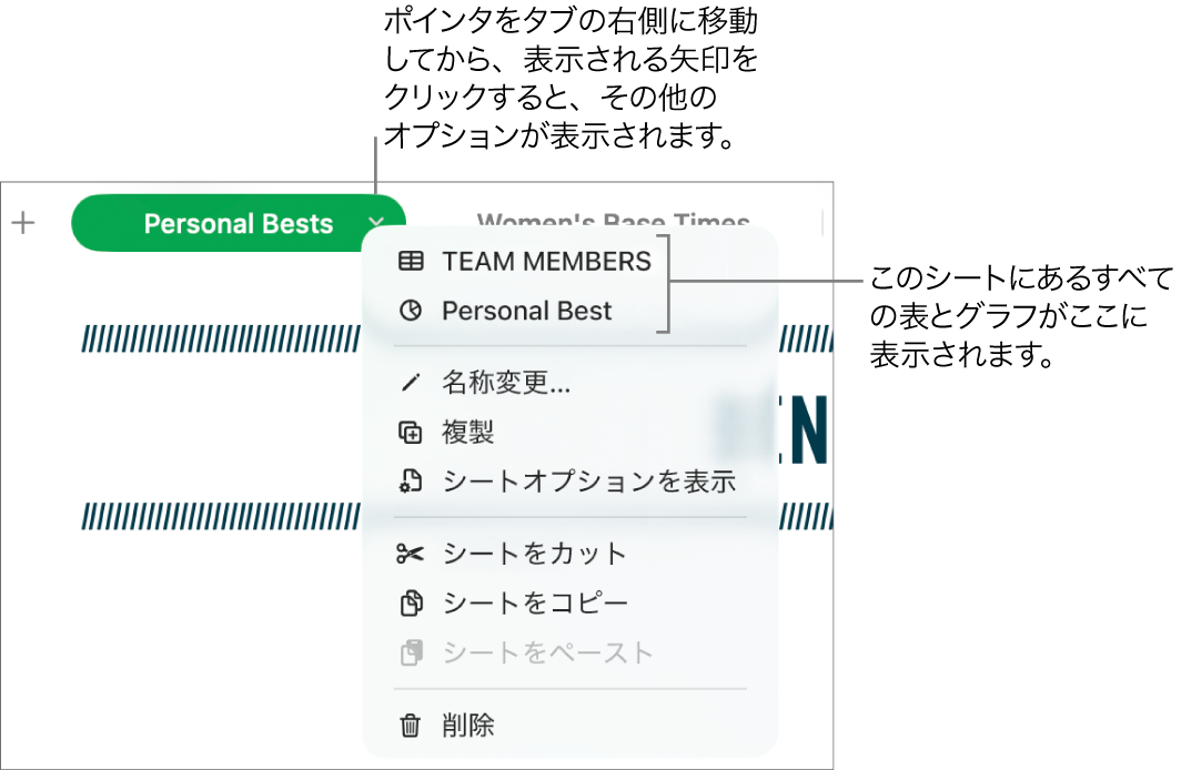 スプレッドシートタブのショートカットメニューが開き、「複製」を含む複数のオプションが表示された状態。