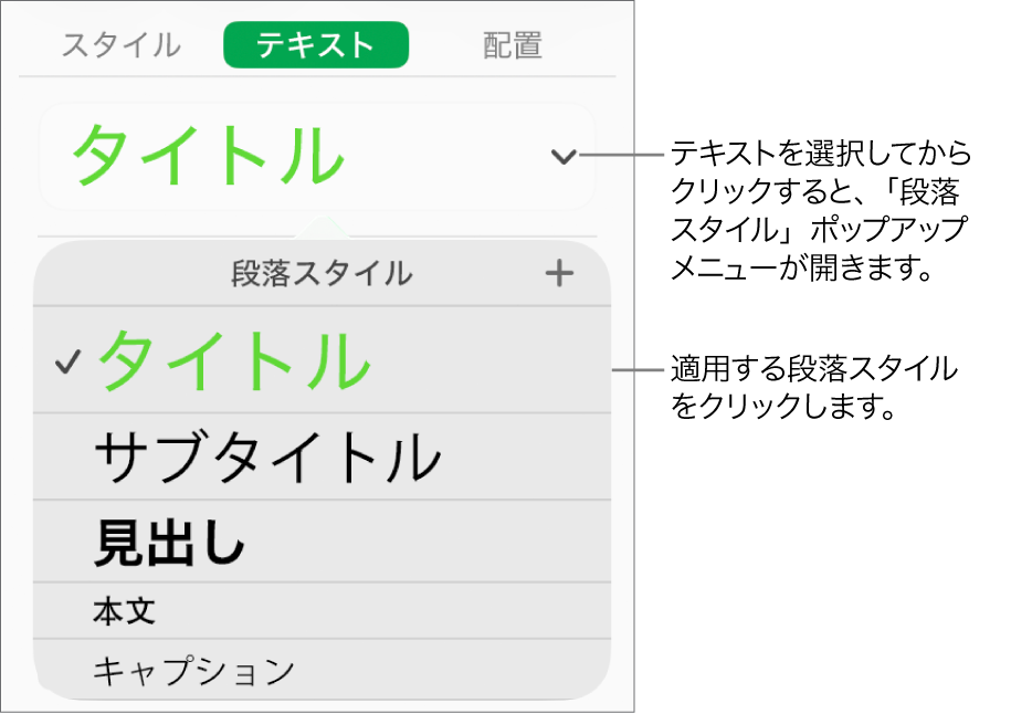 「段落スタイル」メニュー。