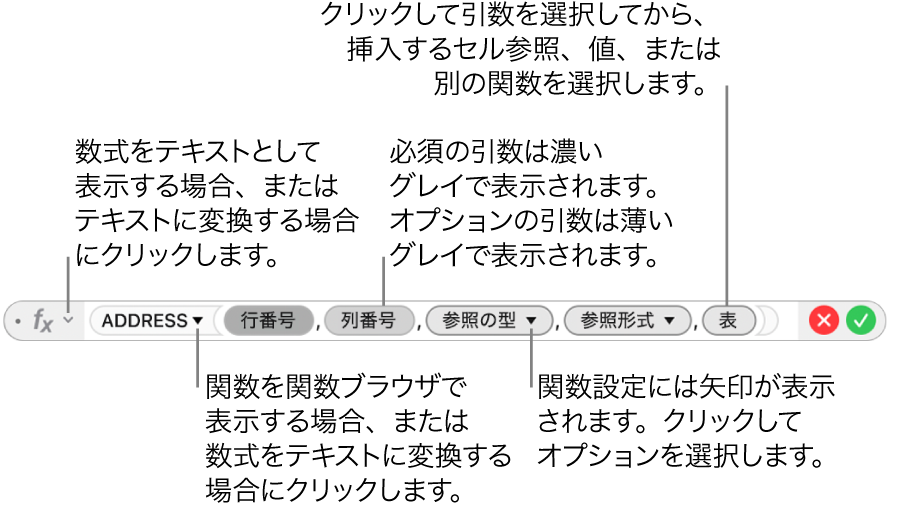 数式エディタ。ADDRESS関数とその引数トークンが表示された状態。