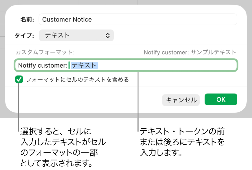 カスタムテキストセルフォーマット。