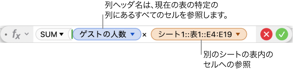 数式エディタ。1つの表の列と別の表のセルを参照する数式が表示されている状態。