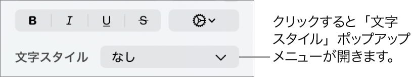 「文字スタイル」ポップアップメニュー。