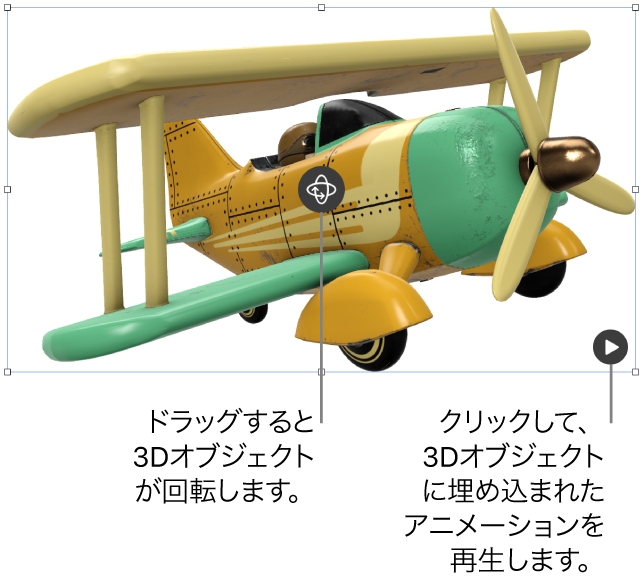 3Dオブジェクト。中央に回転ボタン、右下隅に再生ボタンがあります。