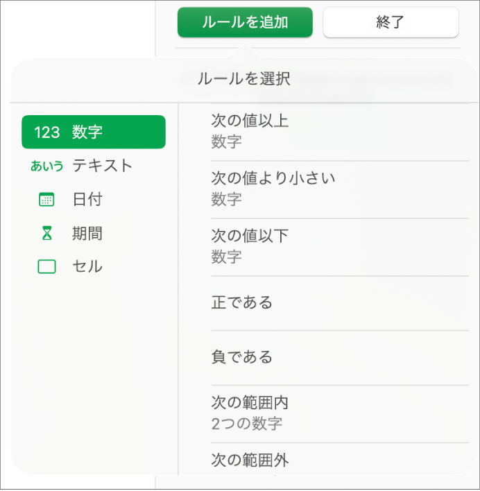 セルのハイライトルールの種類。