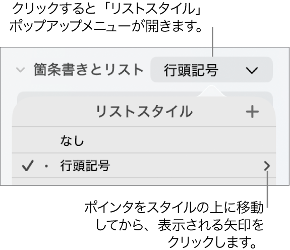 「リストスタイル」ポップアップメニュー。スタイルが1つ選択され、その右に矢印が表示されています。