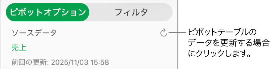 「ピボットオプション」タブ。ピボットテーブルを更新するためのオプションが表示されています。