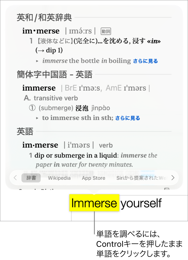 単語がハイライトされたテキストと、単語の定義とシソーラスのエントリーが表示されたウインドウ。ウインドウの下部にある3つのボタンは、辞書、Wikipedia、およびSiriから提案されたWebサイトへのリンクになっています。
