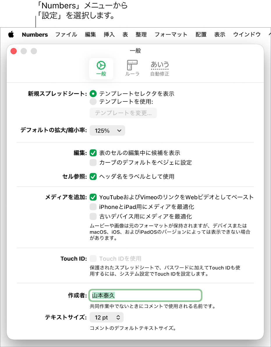 Numbersの設定ウインドウ。「一般」パネルが開いていて、新規スプレッドシート、デフォルトの拡大/縮小率、編集、セル参照、方程式、メディアを追加、Touch ID、作成者、およびデフォルトのテキストサイズの設定が表示されています。