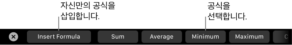 사용자가 직접 공식 삽입 및 자주 사용하는 공식 선택 제어기가 있는 MacBook Pro의 Touch Bar.