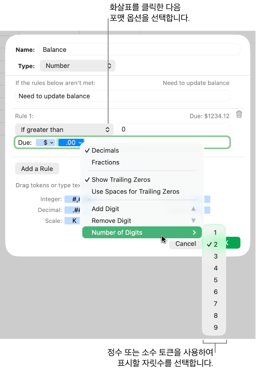 사용자 설정 포맷 옵션 선택을 위한 제어기가 있는 사용자 설정 셀 포맷 윈도우.