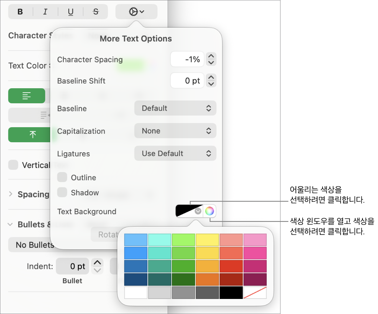 문자 채우기 선택을 위한 제어기.
