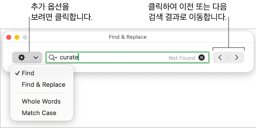 찾기, 찾기 및 대치, 전체 단어 및 대/소문자 일치 옵션을 보여주는 팝업 메뉴가 있는 찾기 및 대치 윈도우. 오른쪽의 화살표는 이전 또는 다음 검색 결과로 이동할 수 있게 해줍니다.