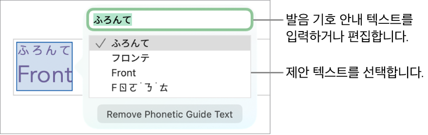 발음 기호 안내는 텍스트 필드 및 제안 텍스트에 대한 설명이 있는 단어에 대해 열립니다.