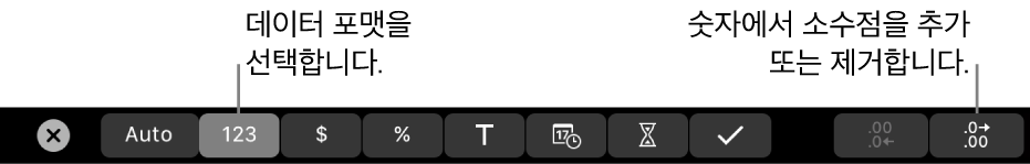 데이터 포맷을 선택하고 숫자에서 소수점 이하 자릿수를 추가 또는 제거하는 제어기가 있는 MacBook Pro의 Touch Bar.