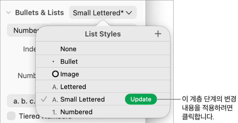 새 스타일 이름 옆에 업데이트 버튼이 있는 목록 스타일 팝업 메뉴.