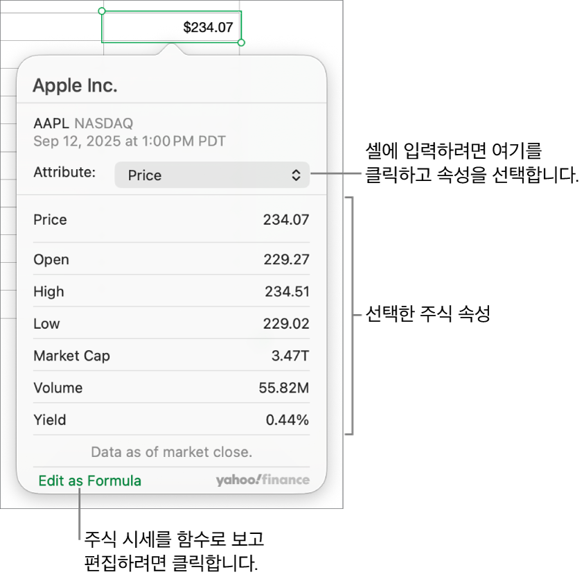 Apple이 주식으로 선택된 주식 속성 정보 입력을 위한 대화상자가 표시됨.