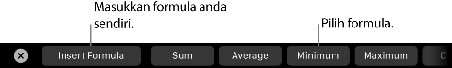 Touch Bar MacBook Pro dengan kawalan untuk memasukkan formula anda sendiri dan memilih formula yang biasa digunakan.
