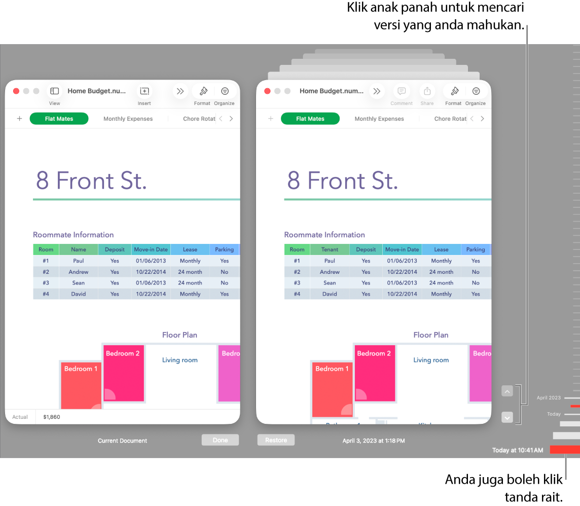 Tetingkap Kembali, menunjukkan versi yang anda boleh layari.