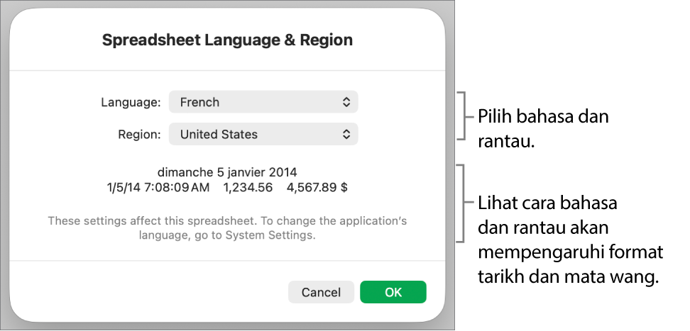 Anak tetingkap Bahasa & Rantau dengan kawalan untuk bahasa dan rantau, serta contoh format termasuk tarikh, masa, perpuluhan dan mata wang.