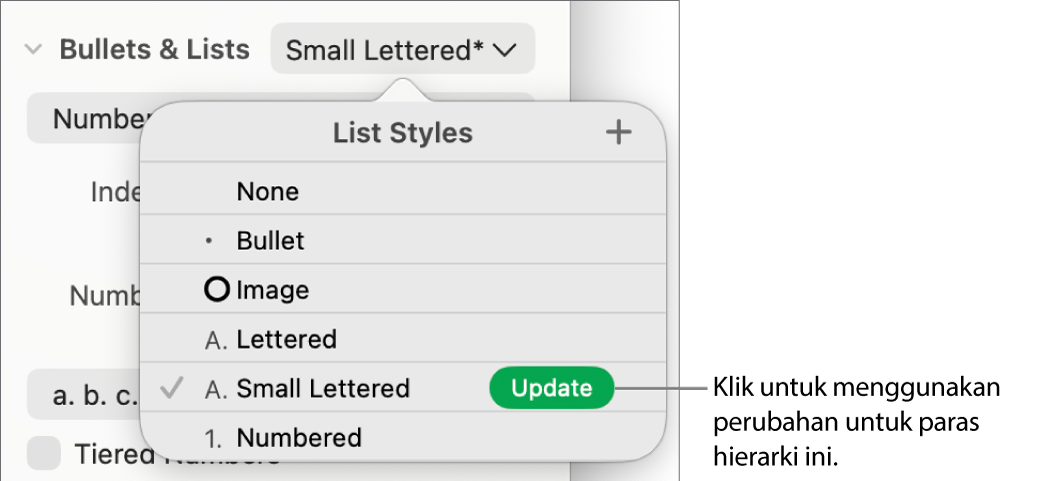 Menu timbul Gaya Senarai dengan butang Kemas Kini bersebelahan nama gaya baharu.