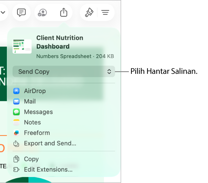 Menu Kongsi dengan Hantar Salinan dipilih di bahagian atas.