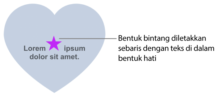 Bentuk bintang kelihatan sebaris dengan teks dalam bentuk hati.