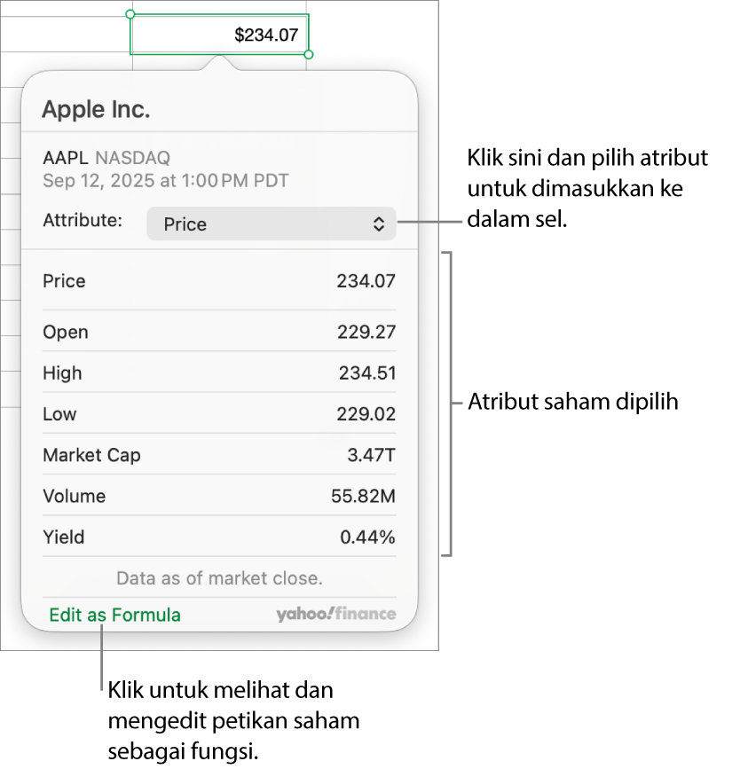 Dialog untuk memasukkan maklumat atribut saham, dengan Apple sebagai saham dipilih.