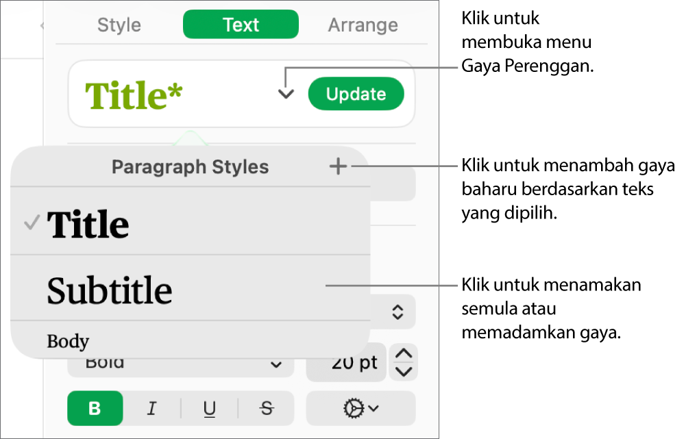 Menu Gaya Perenggan, menunjukkan kawalan untuk menambah atau menukar gaya.