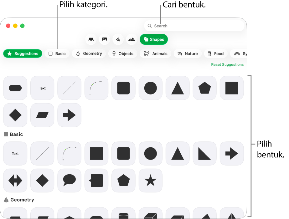 Pustaka bentuk, dengan kategori disenaraikan di kiri dan bentuk dipaparkan di kanan. Anda boleh menggunakan medan carian di bahagian atas untuk mencari bentuk dan skrol untuk melihat lebih banyak.