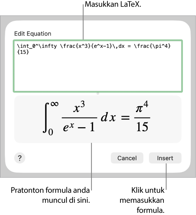 Formula kuadratik ditulis menggunakan LaTeX dalam medan Persamaan dan pratonton formula di bawah.