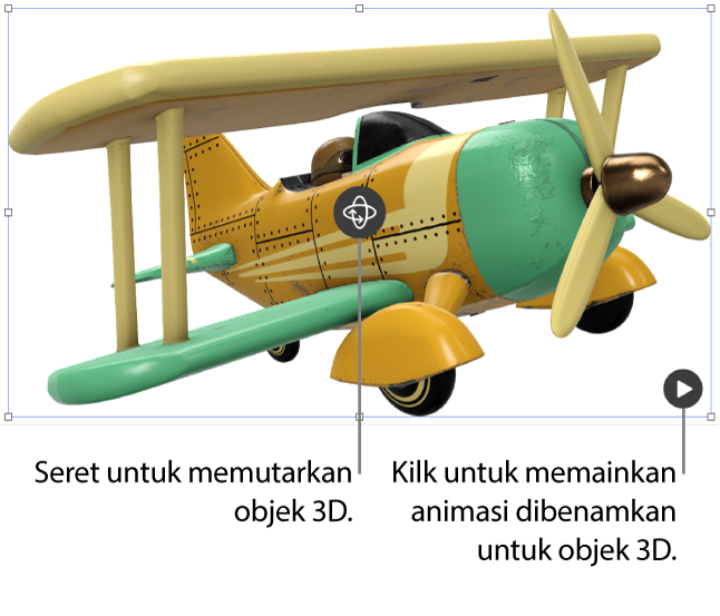 Objek 3D dengan butang Putar di bahagian tengah objek dan butang Main di penjuru kanan bawah.