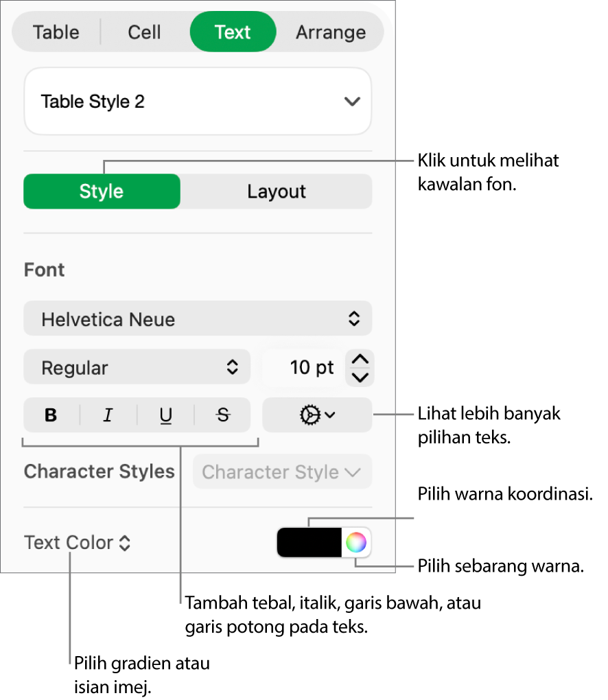 Kawalan untuk menggayakan jadual teks.