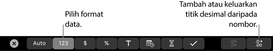 Touch Bar MacBook Pro dengan kawalan untuk memilih format data dan menambah atau mengeluarkan tempat desimal daripada nombor.