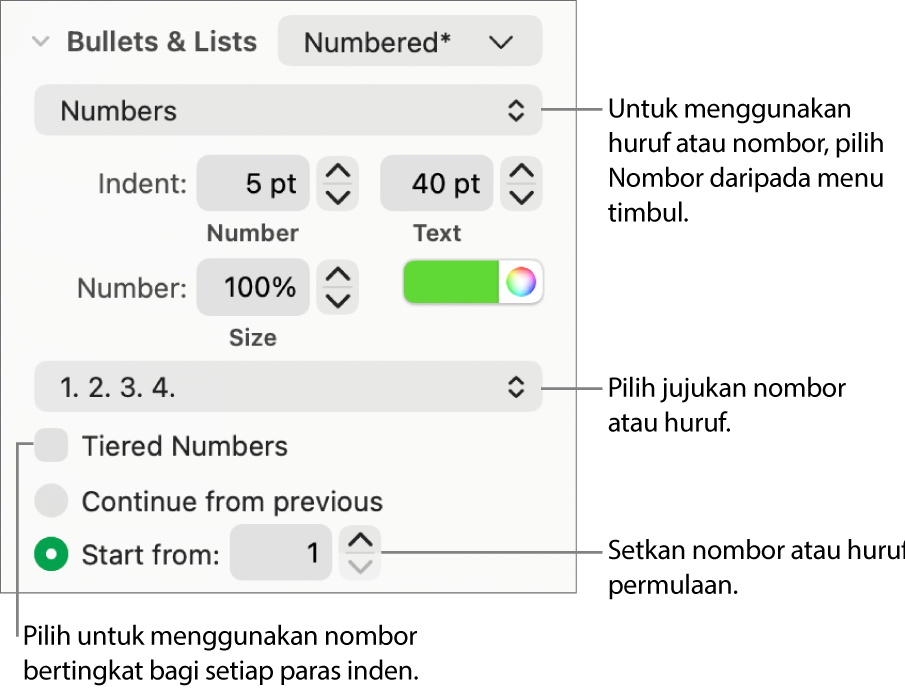 Kawalan untuk menukar gaya nombor dan jarak senarai.