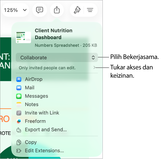Menu Kongsi dengan Bekerjasama dipilih di bahagian atas dan seting akses serta keizinan di bahagian bawah.