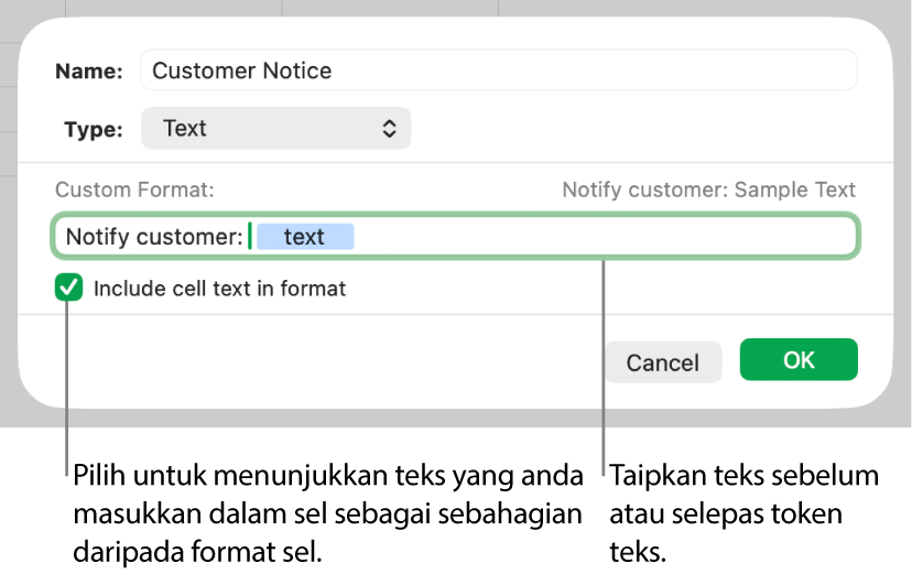 Format sel teks tersuai.
