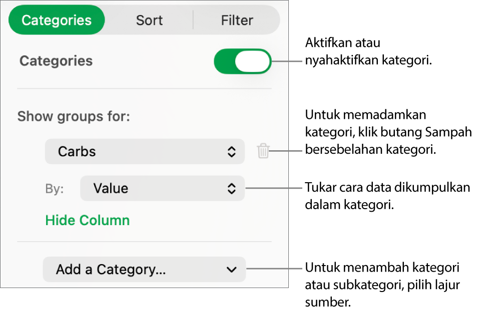 Bar sisi kategori dengan pilihan untuk menyahaktifkan kategori, memadam kategori, mengumpul semula data, menyembunyikan lajur sumber dan menambah kategori.