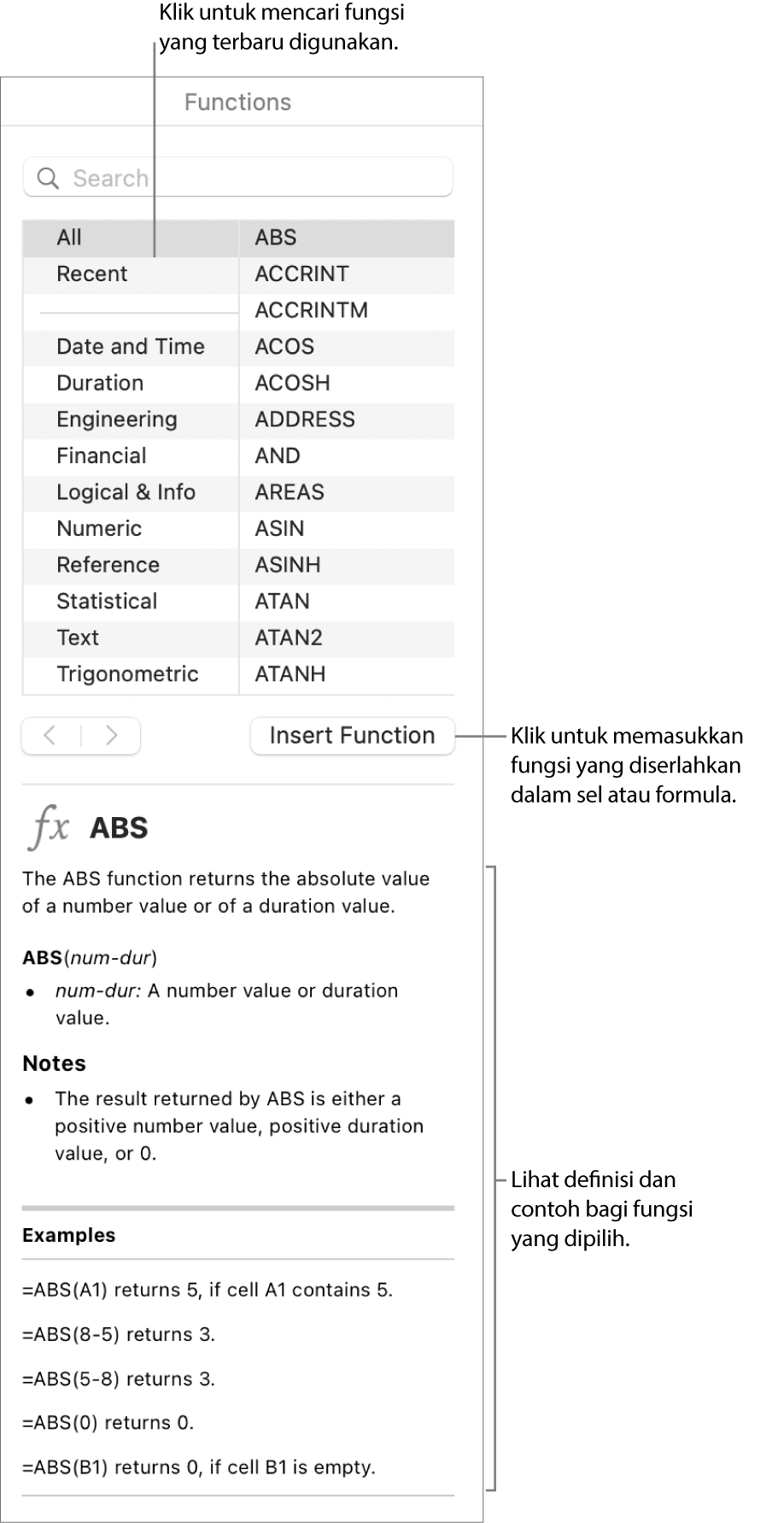 Pelayar Fungsi dengan petak bual ke fungsi yang terbaru digunakan, butang Masukkan Fungsi dan definisi fungsi.