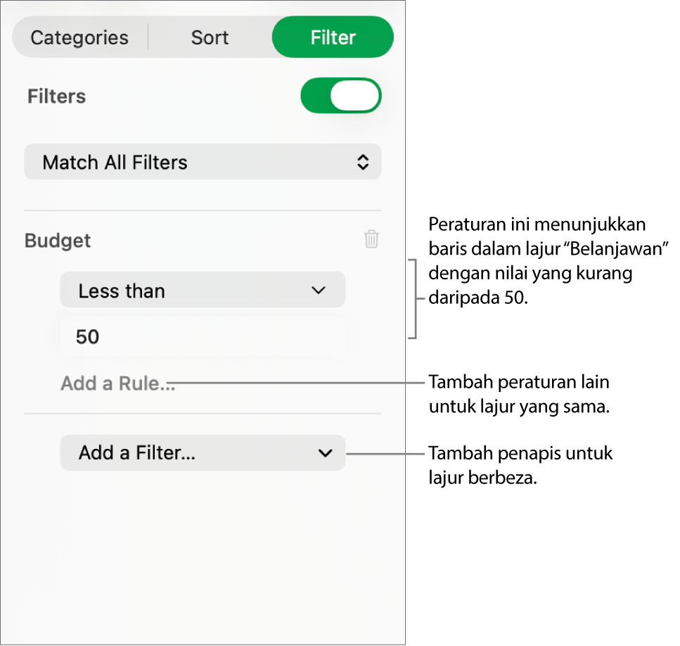 Kawalan untuk mencipta peraturan penapisan.