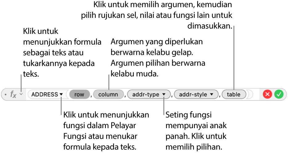 Editor Formula menunjukkan fungsi ADDRESS dan token argumennya.